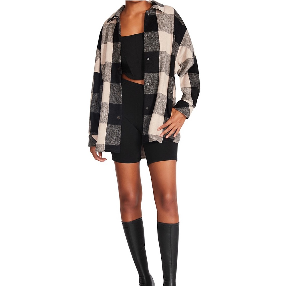 Steve Madden Bonnie Plaid shacket trucker fringe jacket oversized size medium